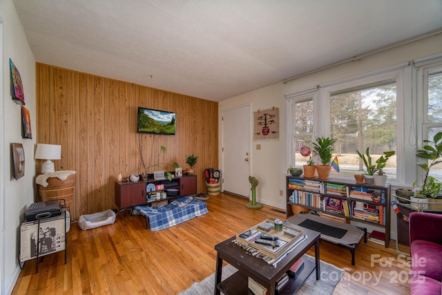 living area with wooden walls and wood finished floors