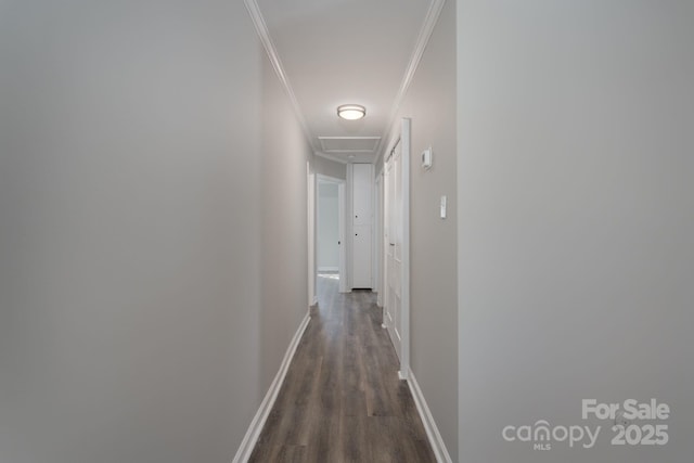 hall with attic access, baseboards, dark wood-type flooring, and crown molding