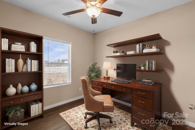 office space with baseboards, visible vents, a ceiling fan, and dark wood-style flooring