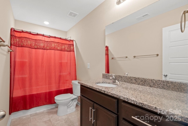 full bath with toilet, vanity, visible vents, and shower / bathtub combination with curtain