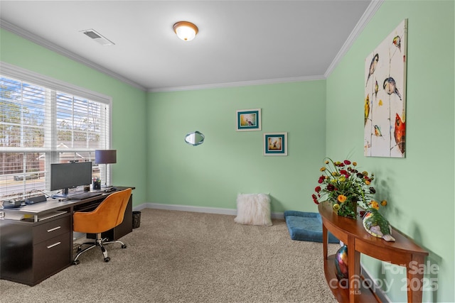 office space with light carpet, baseboards, visible vents, and crown molding