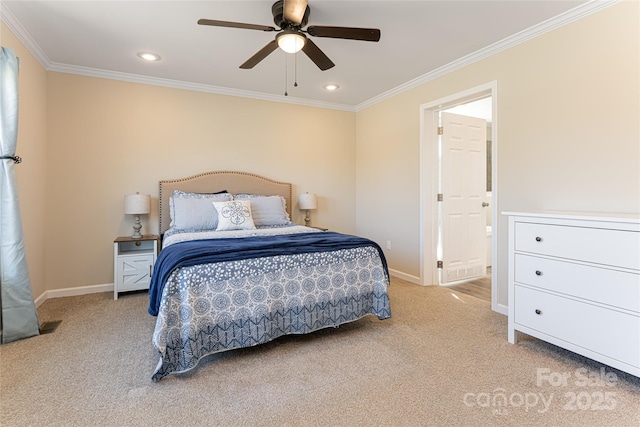 bedroom with ornamental molding, recessed lighting, light colored carpet, and baseboards