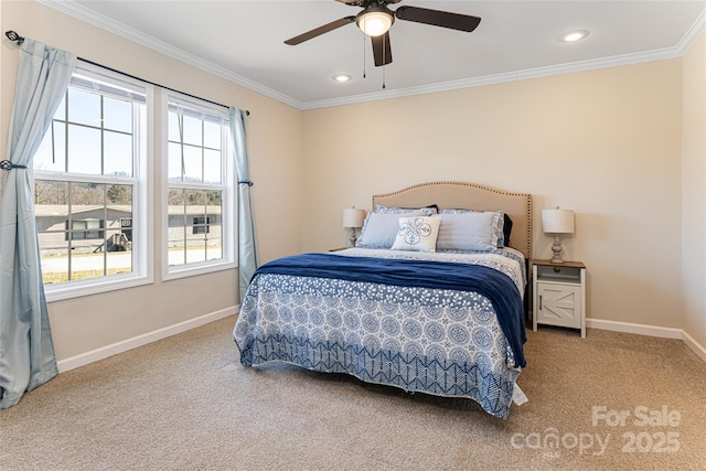 carpeted bedroom with baseboards, ornamental molding, a ceiling fan, and recessed lighting