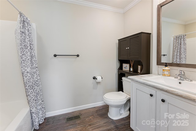 full bathroom with toilet, wood finished floors, visible vents, baseboards, and crown molding