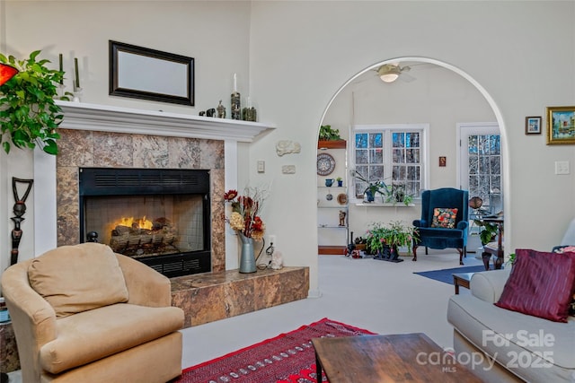 living area featuring a fireplace