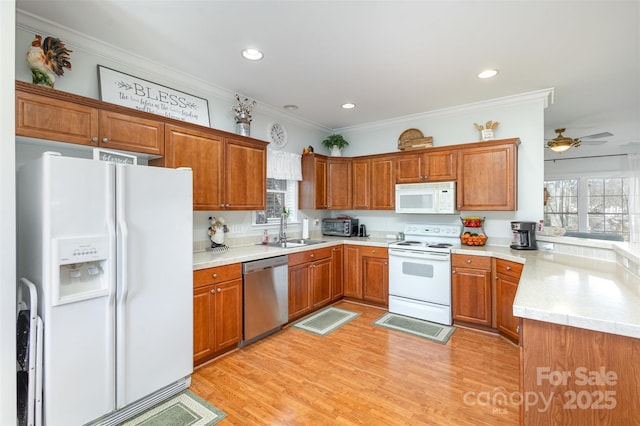 kitchen featuring brown cabinets, crown molding, a wealth of natural light, a sink, and white appliances