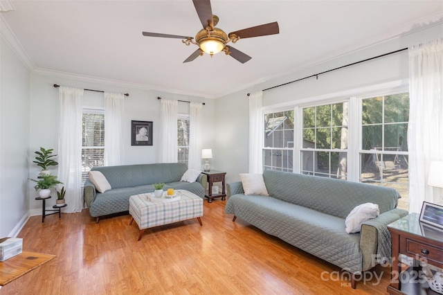 living room featuring baseboards, a ceiling fan, light wood-style flooring, and crown molding