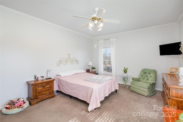 bedroom featuring light carpet, crown molding, baseboards, and ceiling fan