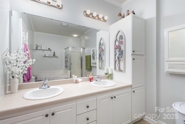 bathroom featuring ornamental molding, a sink, and a shower stall