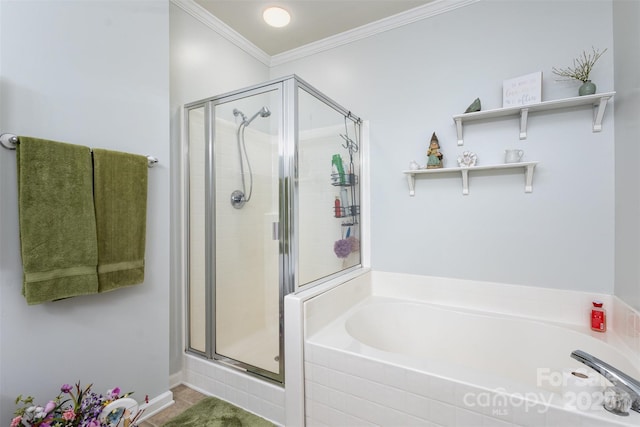 full bath featuring a bath, a shower stall, and crown molding