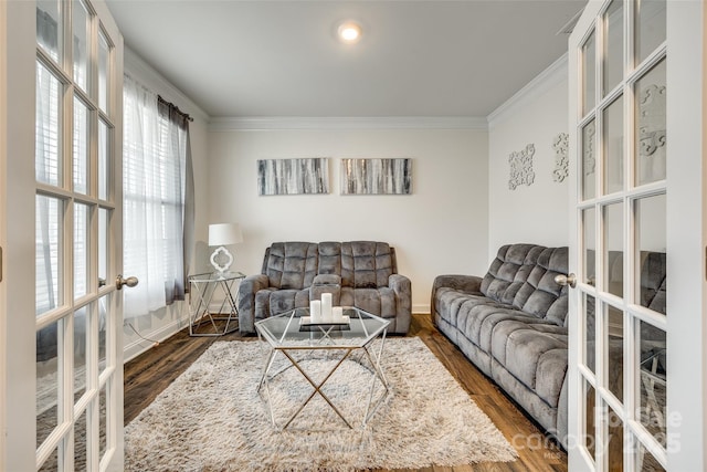 living room with baseboards, french doors, dark wood finished floors, and crown molding