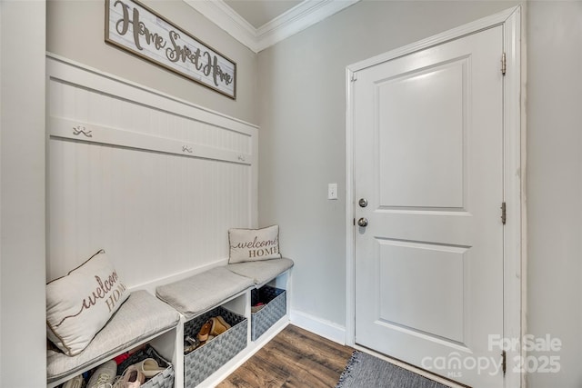 mudroom featuring dark wood-style floors, baseboards, and crown molding