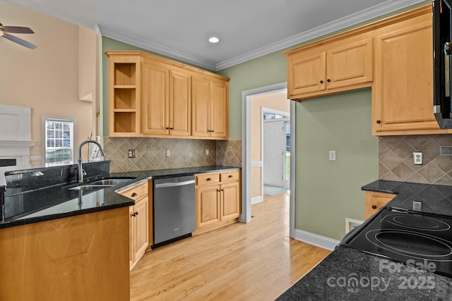 kitchen with a sink, stainless steel dishwasher, ornamental molding, dark stone counters, and open shelves