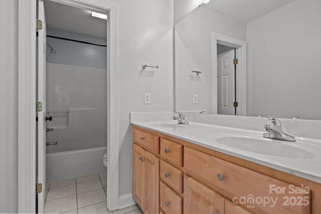 bathroom with tile patterned flooring, a sink, toilet, and double vanity