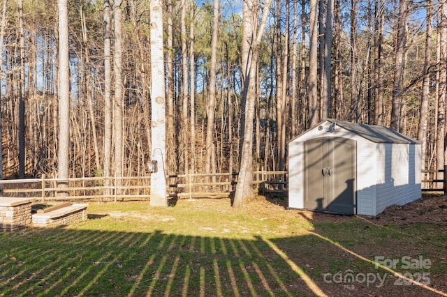 view of yard with an outbuilding, a storage unit, and a fenced backyard