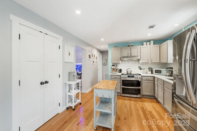 kitchen with light wood finished floors, visible vents, gray cabinetry, appliances with stainless steel finishes, and under cabinet range hood