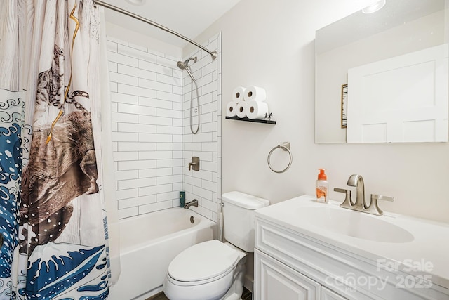 bathroom with toilet, shower / bathtub combination with curtain, and vanity