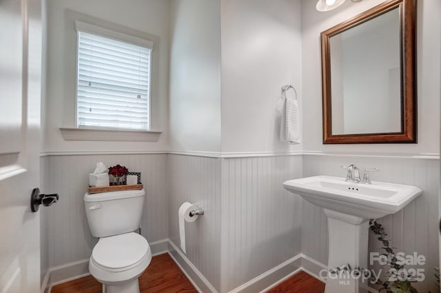 bathroom with a wainscoted wall, a sink, wood finished floors, and toilet