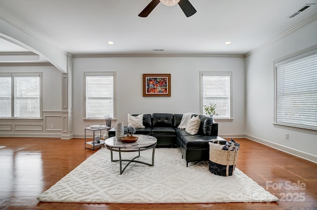 5006 Sand Trap Ct Unit 142, Monroe, NC 28112 - living area with healthy amount of natural light, a ceiling fan, crown molding, wood finished floors, and recessed lighting