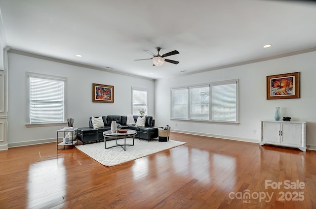 5006 Sand Trap Ct Unit 142, Monroe, NC 28112 - living room with ceiling fan, ornamental molding, wood finished floors, and recessed lighting