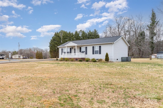 single story home with a porch, central AC unit, a front lawn, and crawl space