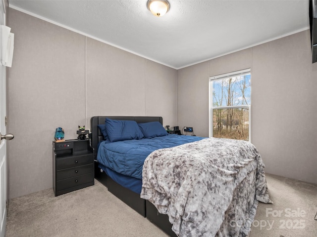 bedroom featuring light carpet and a textured ceiling