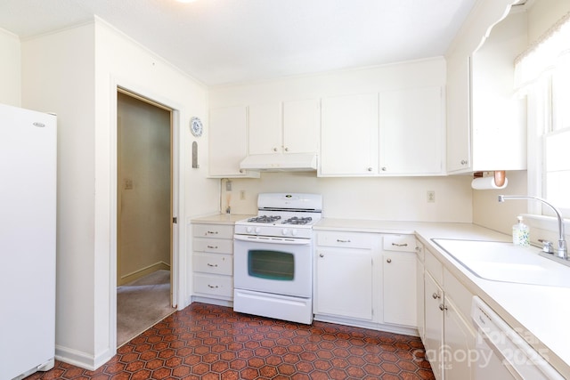 kitchen with light countertops, white appliances, white cabinets, and under cabinet range hood