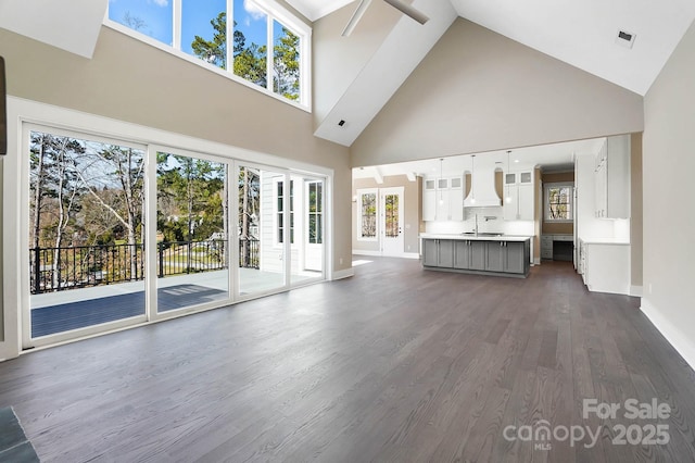 unfurnished living room featuring dark wood-style floors, plenty of natural light, visible vents, and a sink