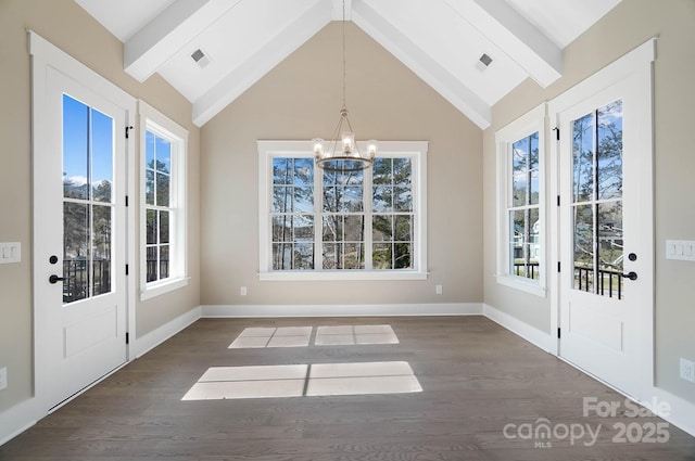 unfurnished dining area featuring vaulted ceiling with beams, visible vents, dark wood finished floors, and a notable chandelier