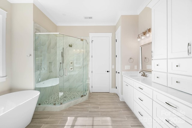 bathroom featuring double vanity, a shower stall, visible vents, and a sink