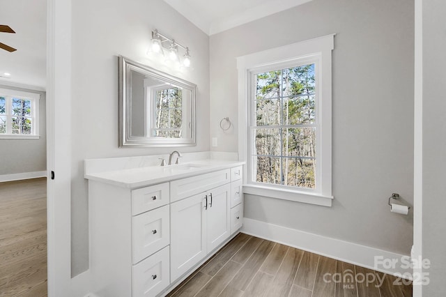 bathroom with baseboards, wood finished floors, and vanity