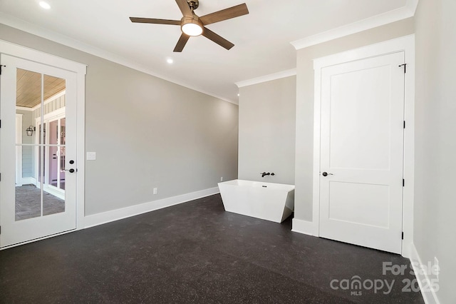 unfurnished room featuring baseboards, ornamental molding, ceiling fan, and recessed lighting