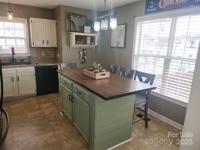 kitchen with white cabinetry, dishwasher, backsplash, and a sink