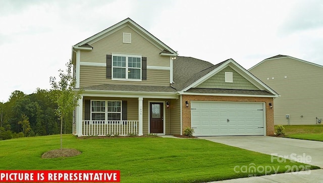 view of front facade with brick siding, a porch, a garage, driveway, and a front lawn