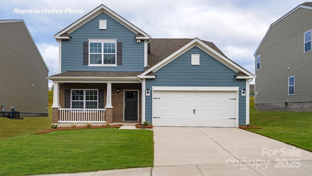 craftsman house with central AC unit, a front lawn, an attached garage, driveway, and covered porch