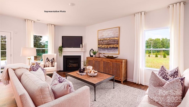 living area featuring baseboards, a glass covered fireplace, and wood finished floors