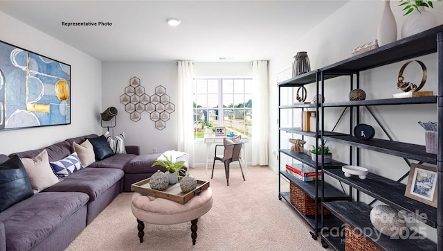 living room featuring light colored carpet