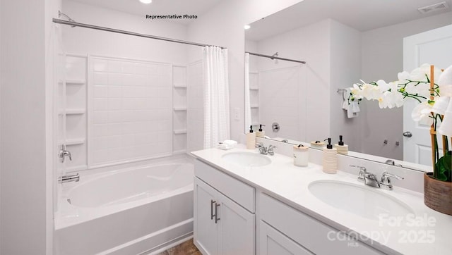 full bath with shower / bath combination with curtain, a sink, visible vents, and double vanity