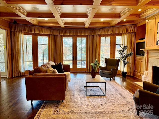 living area with plenty of natural light, dark wood finished floors, wooden walls, and a premium fireplace