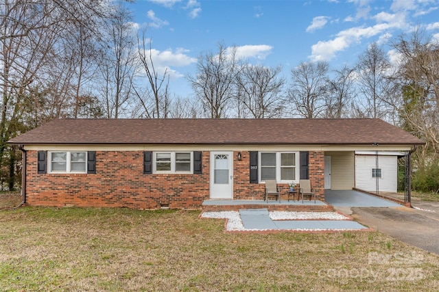 ranch-style house with a shingled roof, a front yard, brick siding, and crawl space