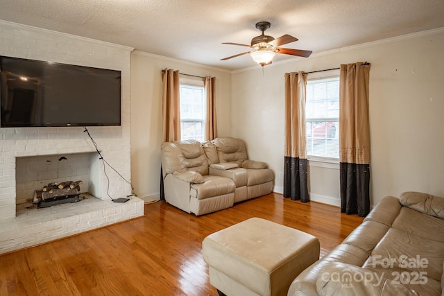 living area with ornamental molding, a healthy amount of sunlight, and light wood finished floors