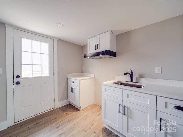 clothes washing area featuring light wood-type flooring and a sink