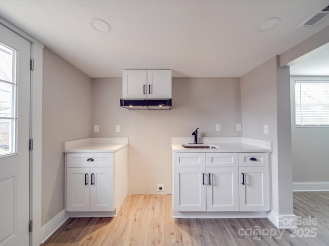 interior space featuring light wood finished floors, a sink, visible vents, and white cabinets