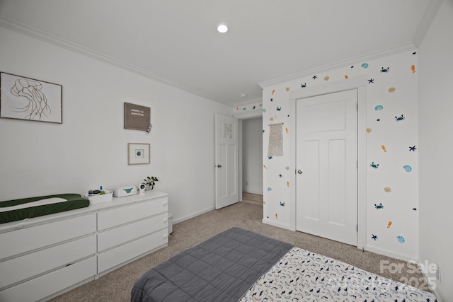 bedroom featuring light colored carpet, crown molding, and baseboards