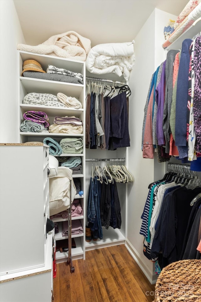 spacious closet with dark wood-style flooring