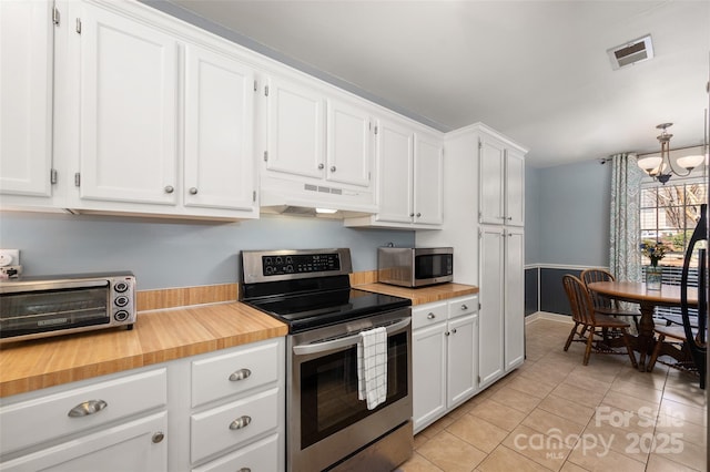 kitchen featuring white cabinets, appliances with stainless steel finishes, visible vents, and under cabinet range hood