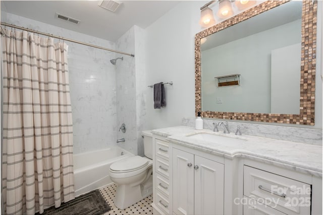 bathroom with toilet, visible vents, shower / tub combo with curtain, and vanity