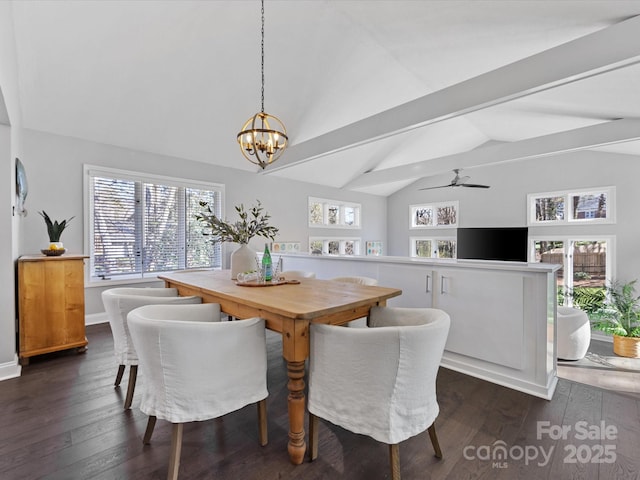 dining room with baseboards, vaulted ceiling, dark wood-type flooring, and ceiling fan with notable chandelier