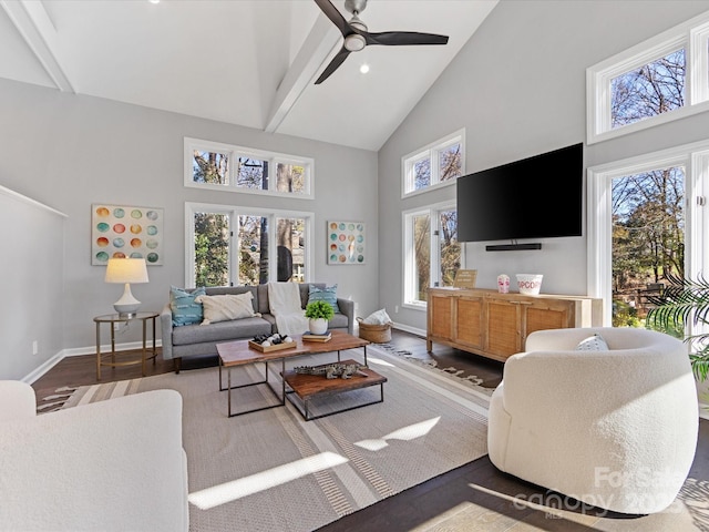 living room featuring baseboards, dark wood-style floors, ceiling fan, high vaulted ceiling, and recessed lighting