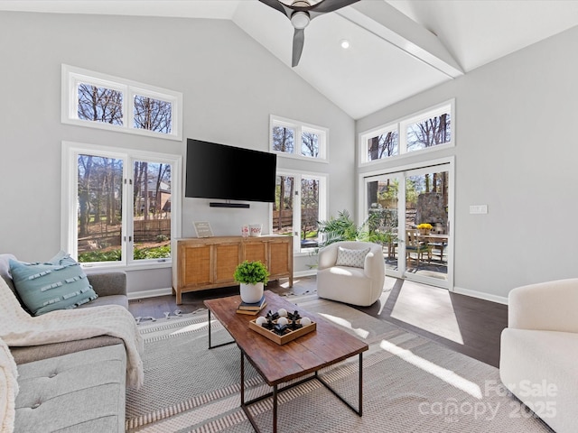 living area featuring a healthy amount of sunlight, ceiling fan, baseboards, and wood finished floors